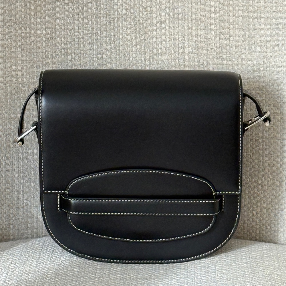 Savette Sport Crossbody Bag in Black Calfskin with Contrast Stitching
